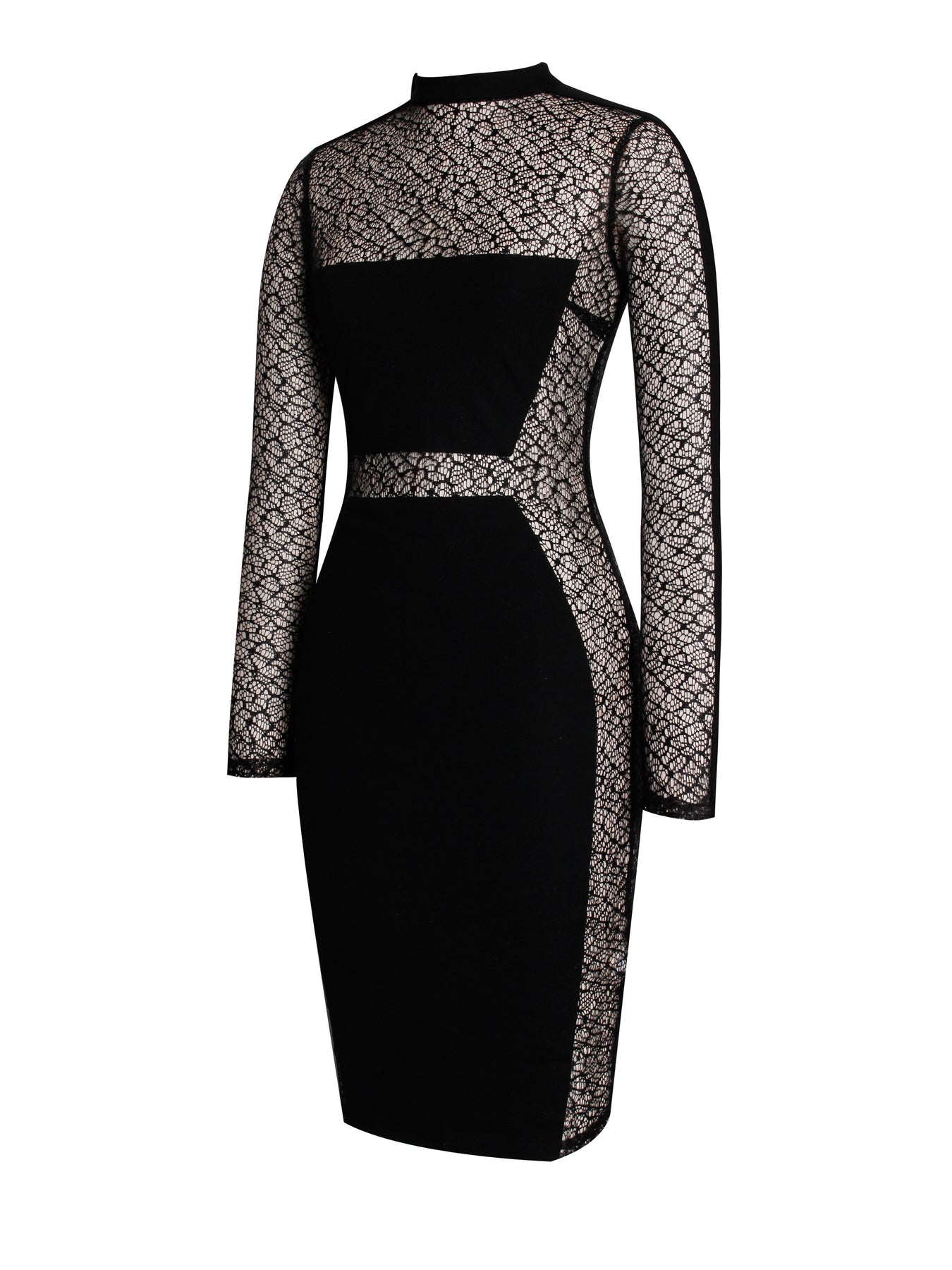 Black Sheer Mesh Long Sleeve Stretch Crepe Dress | Rumor Apparel